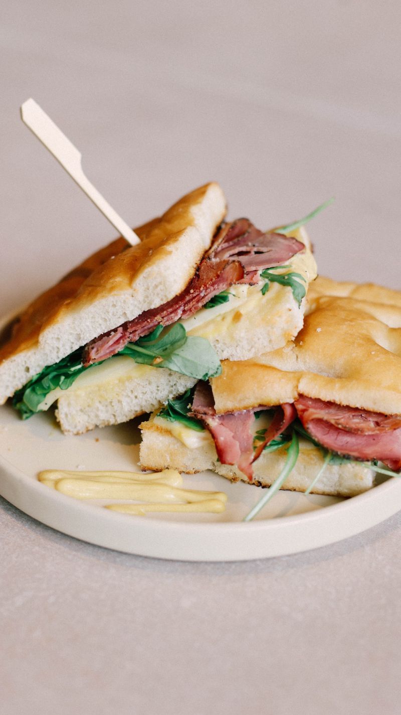 Focaccia with pastrami, provolone and rocket